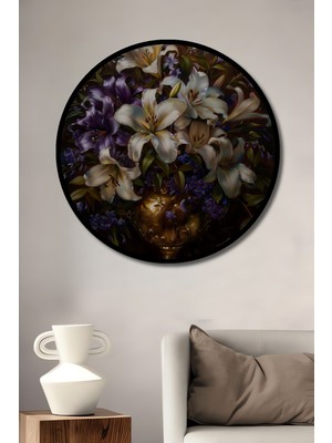 Teona Ahşap Çerçeve Görünümlü Zarif Çiçekler Buketi Dekoratif Ahşap Mdf Ev Duvar Tablo Yuvarlak Ev Duvar Tablo