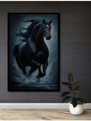 Teona Ahşap Çerçeve Görünümlü Şahlanan Siyah At Ahşap Mdf Dekoratif Ev Duvar Tablo Dikdörtgen Ev Duvar Tablo