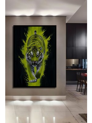 Teona Ahşap Çerçeve Görünümlü Işıltılı Kaplan Dekoratif Ahşap Mdf Ev Duvar Tablo Dikdörtgen Ev Duvar Tablo