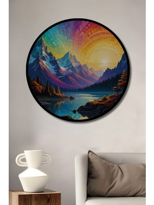 Teona Ahşap Çerçeve Görünümlü Renkli Dağ Manzarası Dekoratif Ahşap Mdf Ev Duvar Tablo Yuvarlak Ev Duvar Tablo