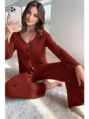 Bella Notte V Yaka Pamuklu Bordo Düğmeli Uzun Pijama Takımı