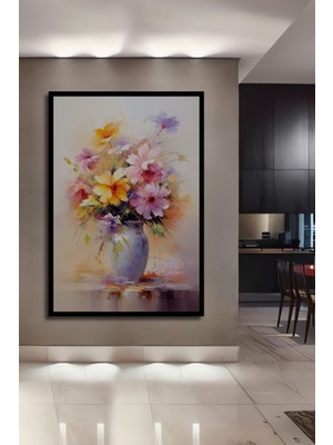 Teona Ahşap Çerçeve Görünümlü Renkli Çiçek Vazo Dekoratif Ahşap Mdf Ev Duvar Tablo Dikdörtgen Ev Duvar Tablo