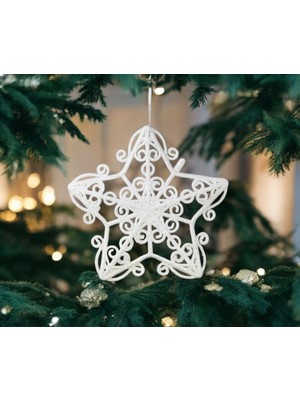 My Balli Store Yılbaşı Süsü Simli Dantel Desenli Yıldız Beyaz 15 cm