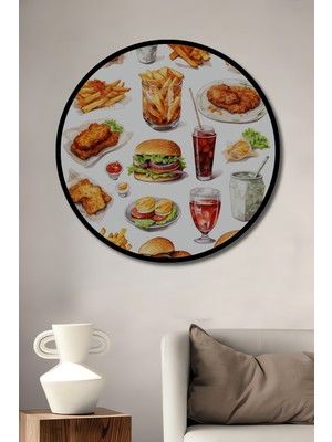 Teona Ahşap Çerçeve Görünümlü Dekoratif Ahşap Mdf Tablo Fast Food Lezzetleri Festivali Yuvarlak Tablo