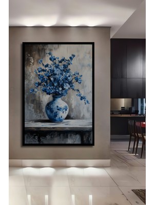 Teona Ahşap Çerçeve Görünümlü Mavi Çiçekli Vazo Dekoratif Ahşap Mdf Ev Duvar Tablo Dikdörtgen Ev Duvar Tablo
