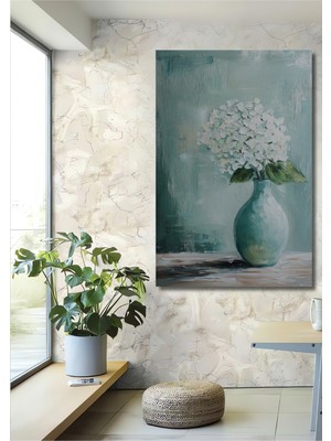 Teona Ahşap Vintage Vazo Içinde Beyaz Çiçekler Dekoratif Ahşap Mdf Tablo Dikdörtgen Tablo