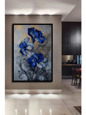 Teona Ahşap Çerçeve Görünümlü Mavi Iris Çiçeği Ahşap Mdf Dekoratif Ev Duvar Tablo Dikdörtgen Ev Duvar Tablo
