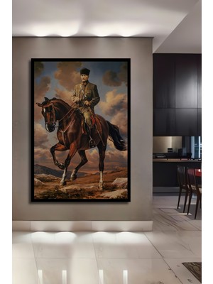 Teona Ahşap Çerçeve Görünümlü Atatürk At Üstünde Dekoratif Ahşap Mdf Ev Duvar Tablo Dikdörtgen Ev Duvar Tablo