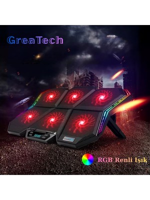 GreaTech Rgb Işıklı 6 Fanlı 7 Kademeli LCD Göstergeli Notebook Laptop Soğutucu Stand Coolcold 17 Inç Sessiz