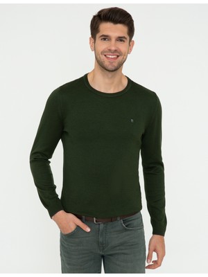 Pierre Cardin Erkek Yeşil Slim Fit Bisiklet Yaka Basic Triko Kazak 50248582-VR054