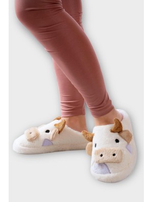 Liger Inek Figürlü Nakışlı Kaydırmaz Taban Kışlık Unisex Ev Terliği Beyaz - Lila