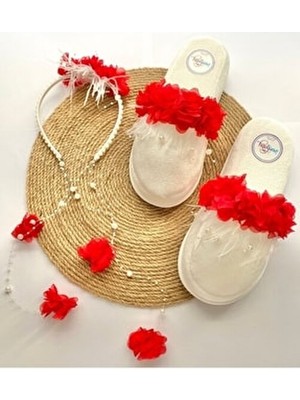 İrembaby Anne Lohusa Seti Kırmızı Çiçekli Incili Lohusa Tacı Terliği