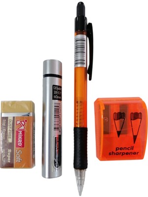 Adel 0.7 Uçlu Kalem + U-4 120'LI 2b-0.7 Uç +Mikro Soft 2B-24SP Silgi +2'li Kapaklı Kalemtıraş--4'lü Set