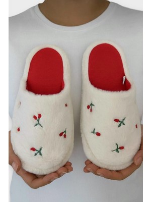 Liger Kadın Pofuduk Nakışlı Ev Terliği Çeyiz Bohça Terliği Valentine's Day Beyaz - Beyaz