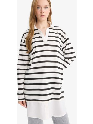 DeFacto %100 Pamuk Regular Fit Polo Yaka Çizgili Tunik D2183AX25AU