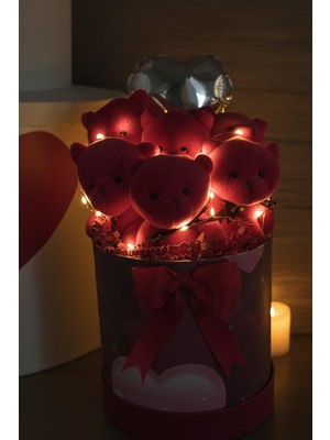 Sole Premium Özel Kalpli Silindir Kutusunda, Kalpli Balonlu LED Işıklı 6’lı Kırmızı Ayıcık Buketi