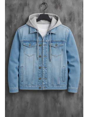 Damga Erkek Kapşonlu Mevsimlik Buz Mavi Bol Kot Mont