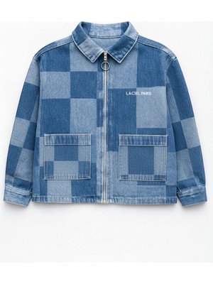Magu Unisex Çocuk Pamuklu Mavi Kare Desenli Fermuarlı Denim Ceket – Şık Günlük Tarz