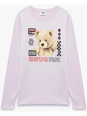 Koton Kız Çocuk Uzun Kollu Bisiklet Yaka Ayıcık Baskılı Pamuklu Tişört