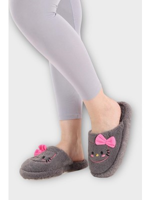 Liger Hellokitty Figürlü Sıcak Tutan Kışlık Kadın Ev Terliği Füme - Pembe