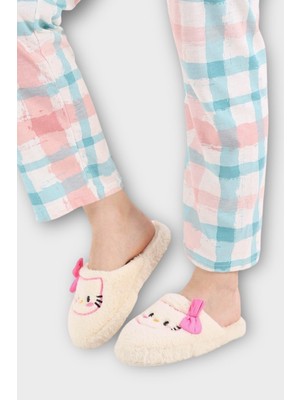 Liger Hellokitty Figürlü Sıcak Tutan Kışlık Kadın Ev Terliği Beyaz - Pembe