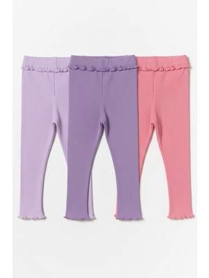 Magu Kız Çocuk Pamuklu 3'lü Lila Mor Pembe Fırfır Detaylı Ribana Tayt Seti – Esnek Rahat Kalıp