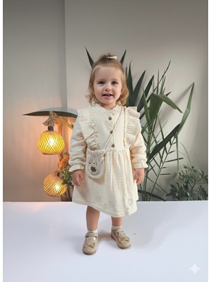 Şimo Butik Bayramlık Uzun Kollu Dantel Detaylı Otantik Müslin Çantalı Kız Çocuk Elbisesi