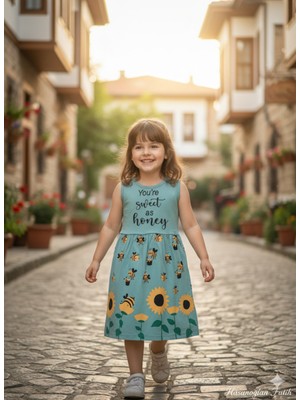 Şimo Butik Kız Çocuk Penye Pamuklu Elbise Arı Desenli Siyah Mavi Renk Seçenekli