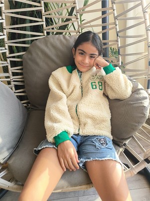 Şimo Butik Bayramlık Erkek Kız Çocuk Peluş Polar Fermuarlı Cepli Kolej Mont Bej-Yeşil, !!! Dar Kalıp