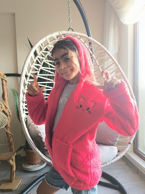 Şimo Butikkız Çocuk Peluş Polar Hırka Kapşonlu Fermuarlı Cepli Pembe Beyaz Siyah Mor Gül Kurusu !!!dar Kalıp