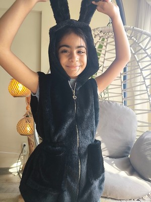Şimo Butik Bayramlık Kız Çocuk Kapşonlu Kürklü Peluş Cepli Belden Büzgülü Içi Astarlı %100 Pamuk Yelek Siyah