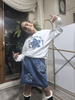 Şimo Butik Bayramlık Kız Çocuk Kot Etekli Takım(Sweatshirt+Beli Lastikli Kısa Kot Etek) Çiçek Mavi
