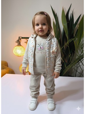 Şimo Butik Bayramlık Kız Bebek Kelebek Desenli Üçlü Takım (Omuzdan Çıtçıtlısweatshirt+ Dantelli Kapşonluyelek+Pantolon)