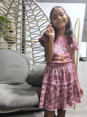 Şimo Butik Bayramlık Kız Çocuk Etekli Tişörtlü Takım Pamuklu Palmiyeli