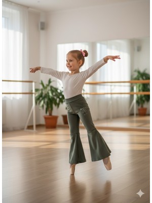 Şimo Butik Bayramlık Kız Çocuk Fransız Kadife Geniş Dökümlü Ispanyol Paça Tayt Yeşil