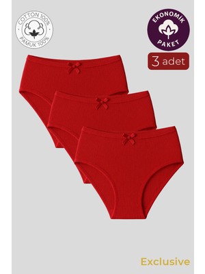 Kompedan Kadın Yüksek Bel Pamuklu Ribana Slip Külot 3'lü Paket – Esnek & Rahat | Kırmızı K0305