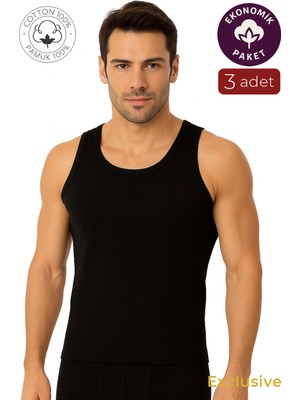 Kompedan 3'lü Paket Pamuklu Ribana Kalın Askılı Erkek Atlet | Siyah K0113