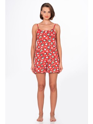 Kompedan Kadın Kırmızı Desenli Ip Askılı Şortlu Pijama Takımı