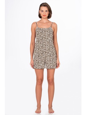 Kompedan Kadın Leopar Desenli Ip Askılı Şortlu Pijama Takımı