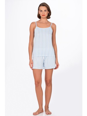Kompedan Kadın Mavi Çizgili Ip Askılı Şortlu Pijama Takımı