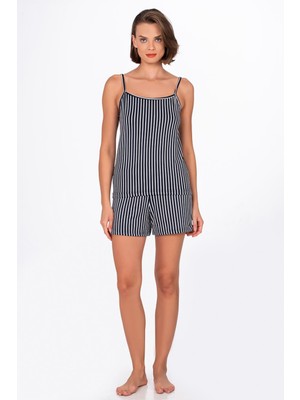 Kompedan Kadın Lacivert Çizgili Ip Askılı Şortlu Pijama Takımı