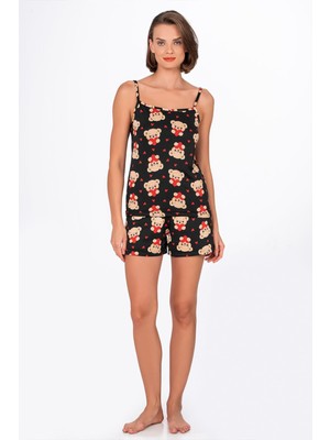 Kompedan Kadın Kalpli Ayıcık Desenli Ip Askılı Şortlu Pijama Takımı