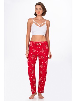 Kompedan Kadın Süet Kırmızı Ayıcık Desenli Pijama Tek Alt
