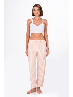 Kompedan Kadın Süet Bej Çizgili Pijama Tek Alt