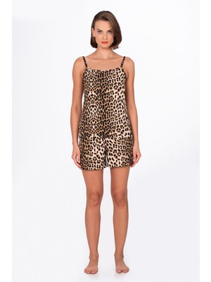 Kompedan Kadın Koyu Leopar Desenli Ip Askılı Şortlu Pijama Takımı