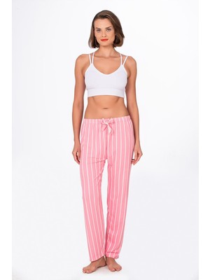 Kompedan Kadın Süet Pembe Çizgili Pijama Tek Alt