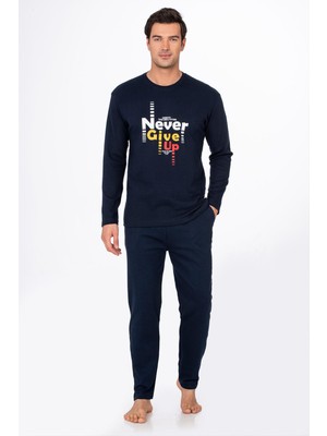 Kompedan Erkek Bisiklet Yaka Pamuklu Pijama Takımı | Lacivert 027