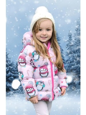 Freemen Kız Çocuk Polarlı Kürklü Kapüşonlu Kışlık Şişme Mont Şeker Desenli Kalın Polyester