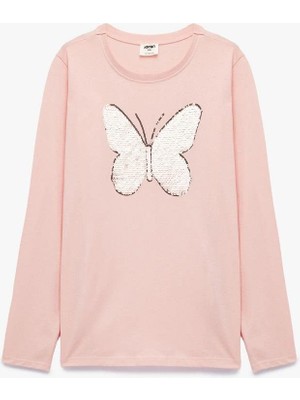 Koton Kız Çocuk Pullu Payetli Uzun Kollu Bisiklet Yaka Pamuklu Tişört