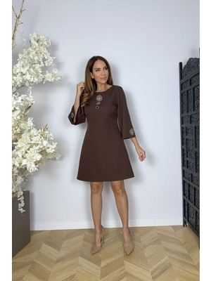 Ges Moda G1624 Taş ve Boncuk Detaylı Abiye Elbise Kahverengi